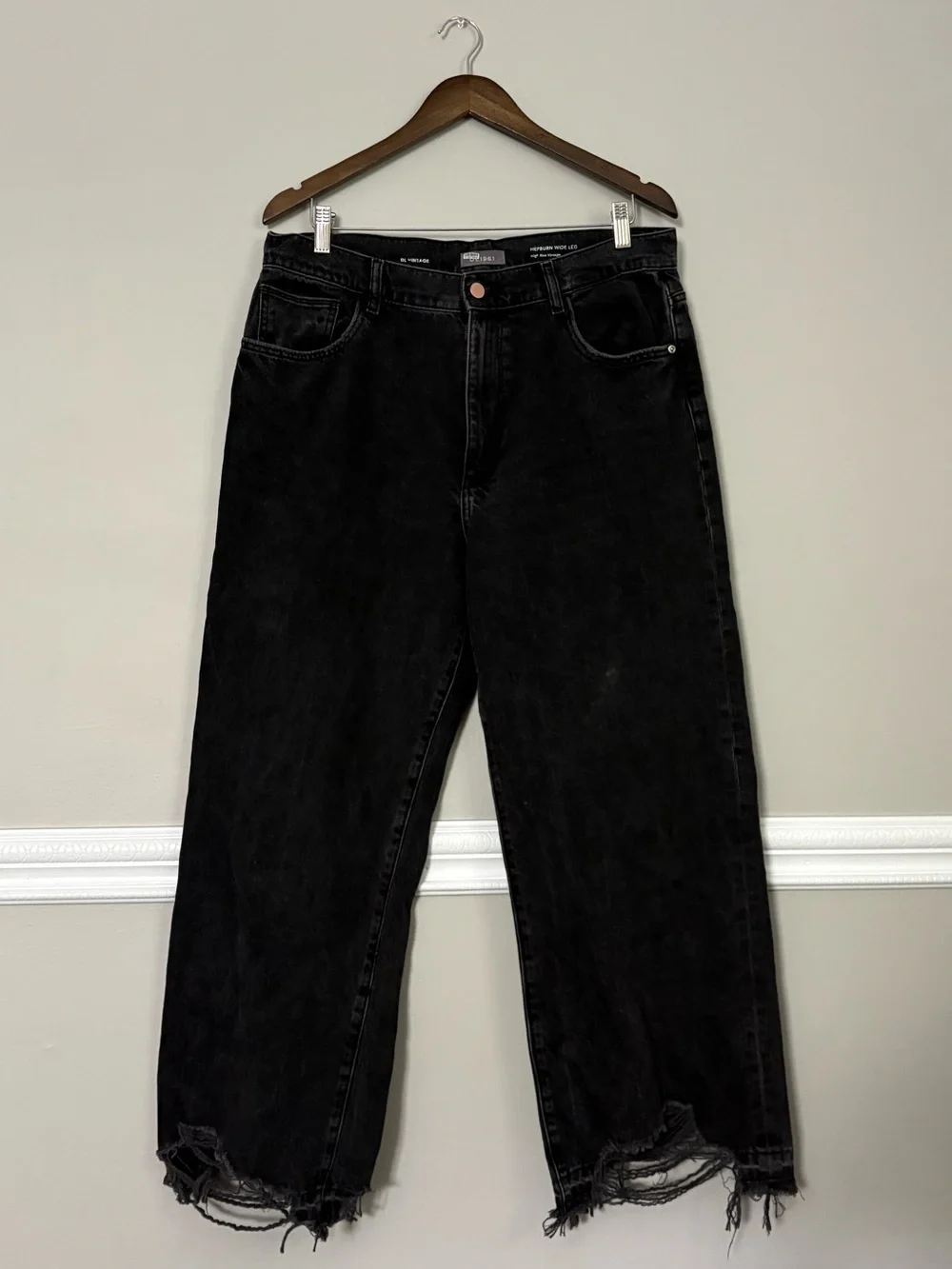 DL1961 Hepburn Wide Leg Jeans 32 High Rise 100% Cotton Black Denim Distressed - Picture 10 of 14